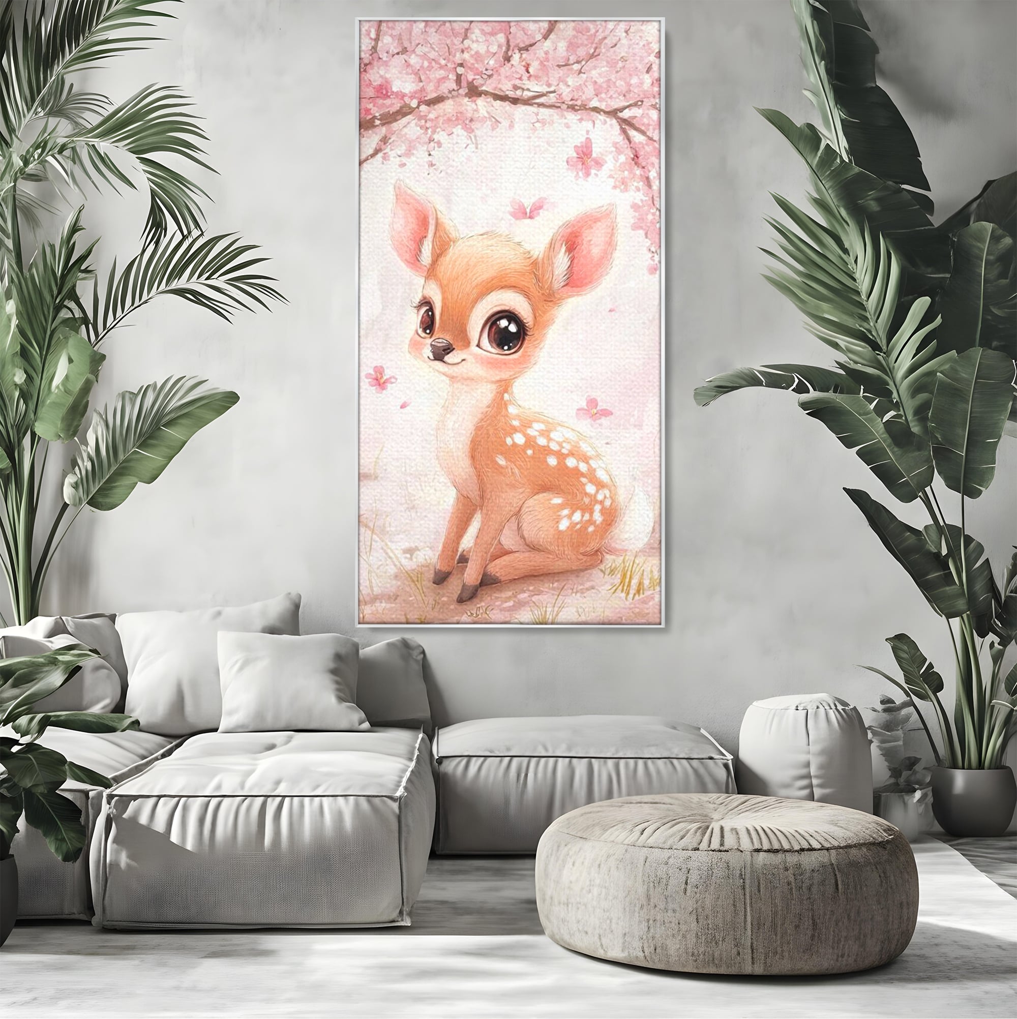 Tablou canvas cu ilustratie cu un pui de caprioara, in rama de aluminiu argintiu, pe perete intr-un living